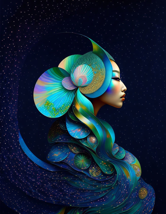 Colorful profile view of artistic female figure with vibrant headdress against starry night backdrop