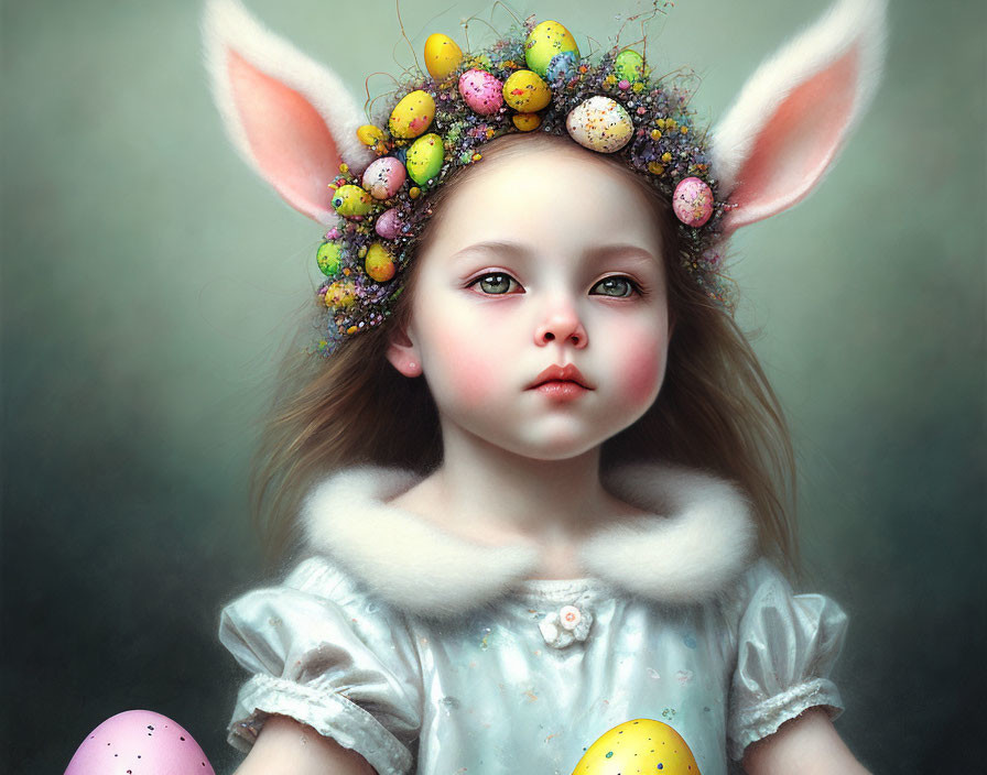 Young girl in bunny ears with Easter eggs and pastel dress