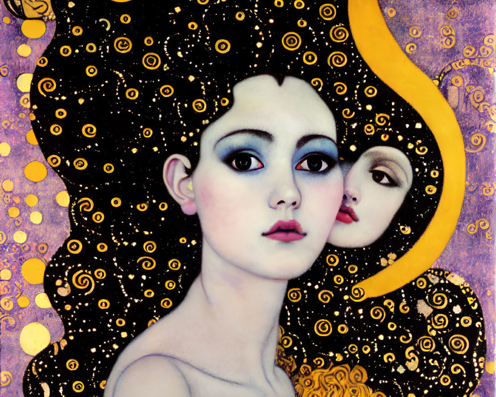 Stylized painting of two faces with large eyes and swirling yellow patterns on a dark background.