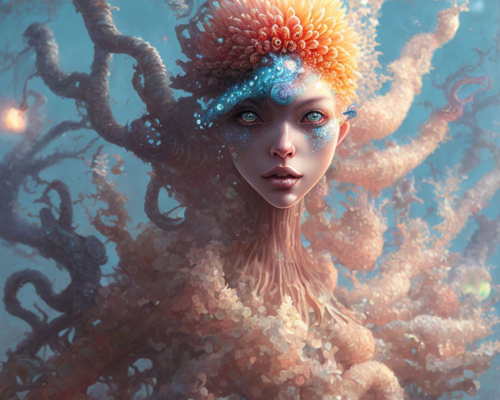 Blue-skinned female figure with coral hair and tentacles in underwater scene