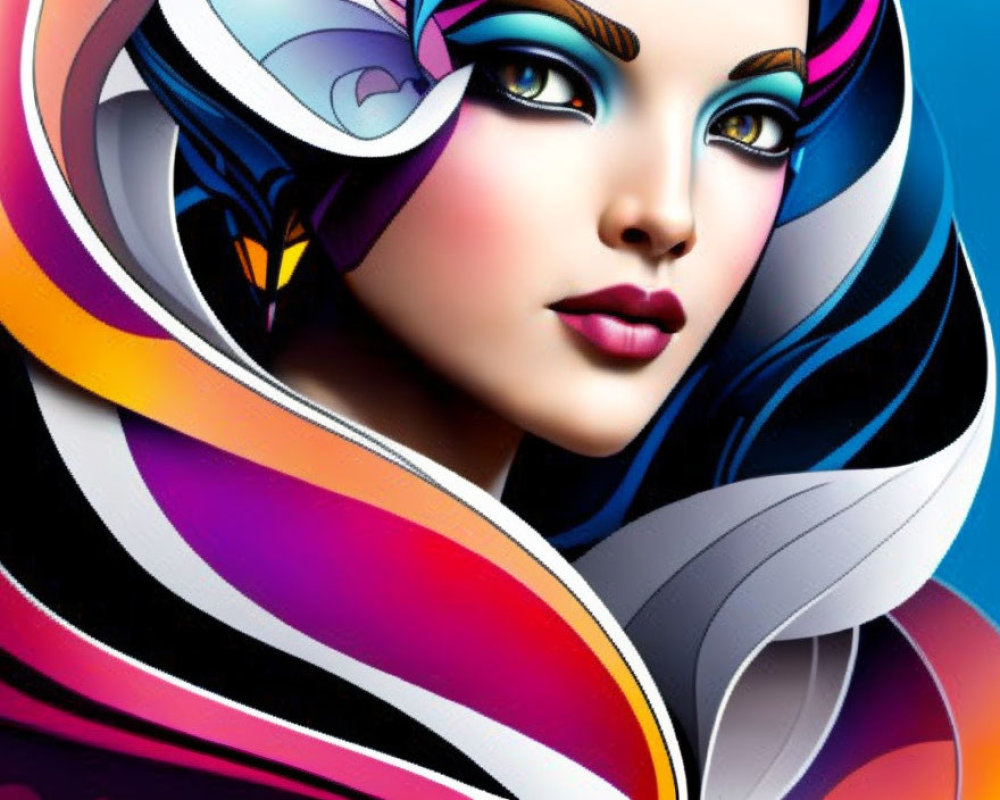 Colorful digital illustration of a woman with swirling hair and bold makeup.