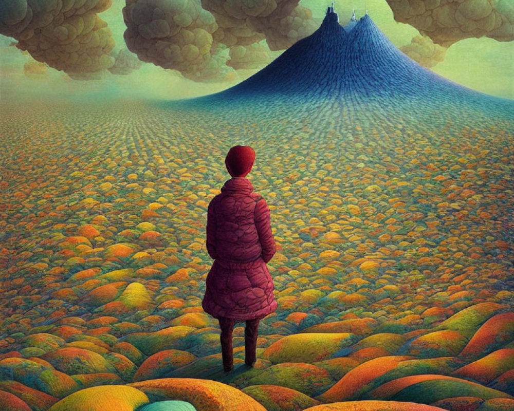 Person in Red Hat and Coat in Surreal Landscape with Volcano and Whimsical Clouds