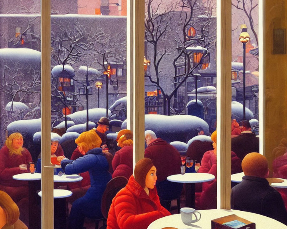 Busy cafe scene with snowy cityscape view through large windows