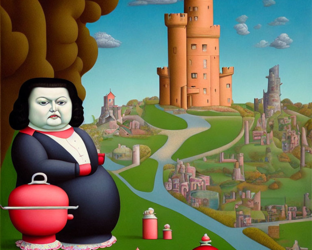 Surreal painting of plump woman with teapot in whimsical landscape