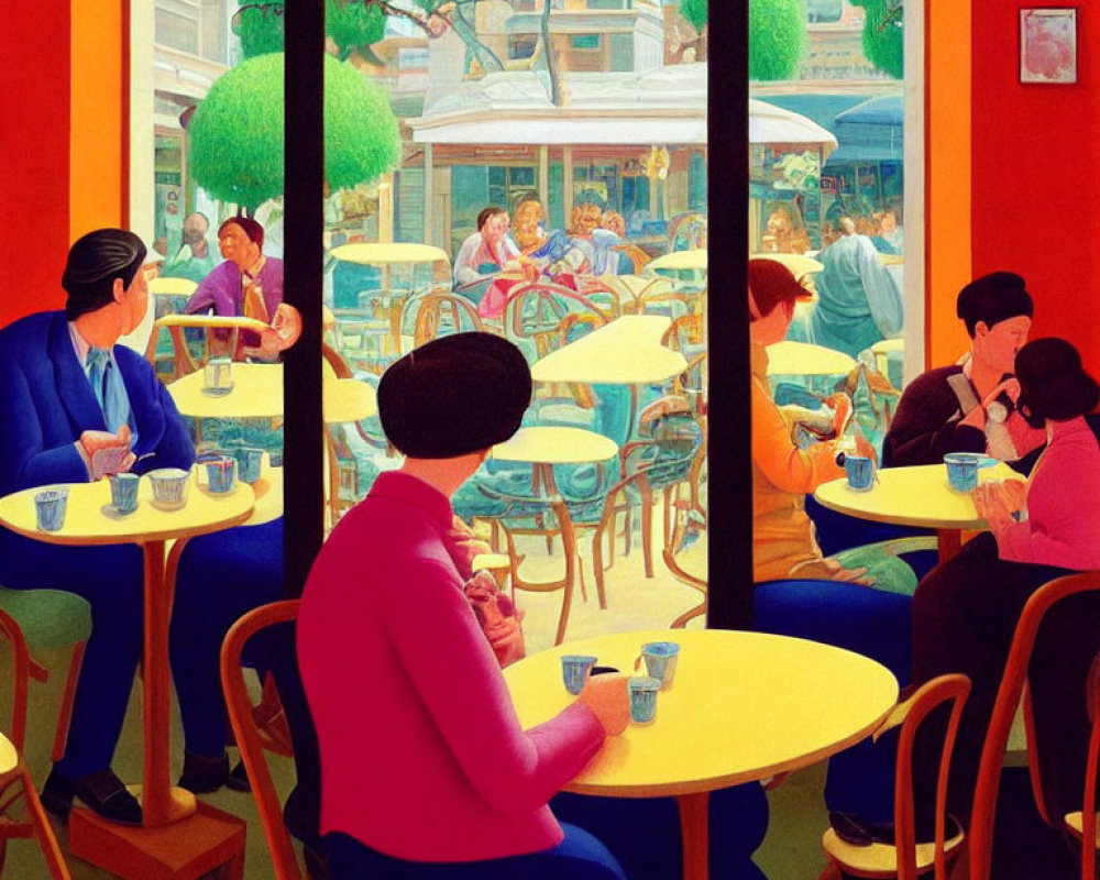 Vibrant café scene with indoor and outdoor patrons against colorful backdrop