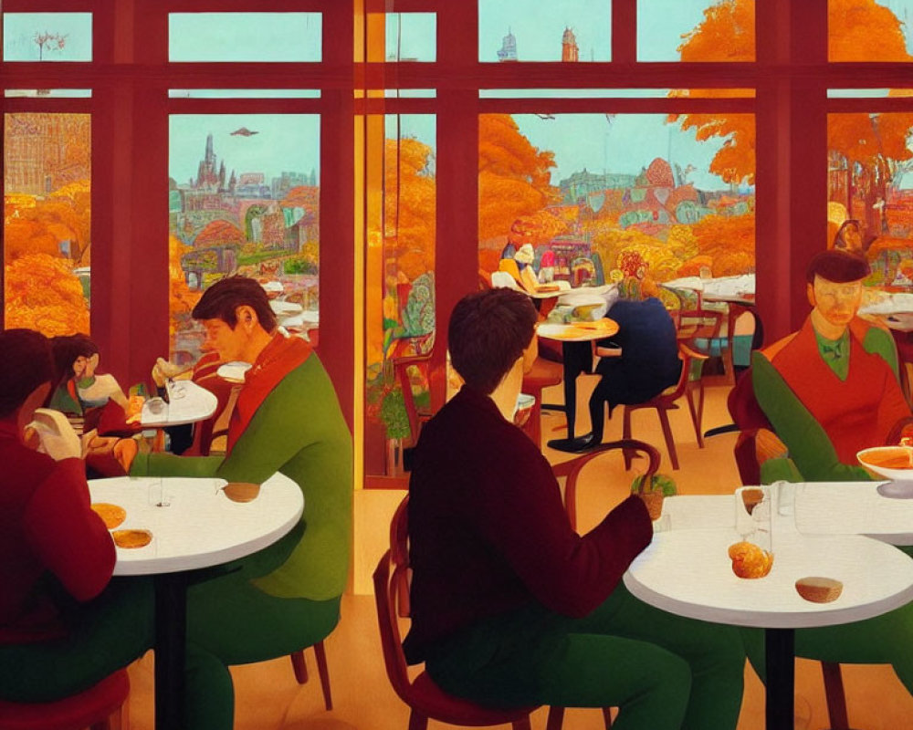 Restaurant dining scene with autumn view through large windows