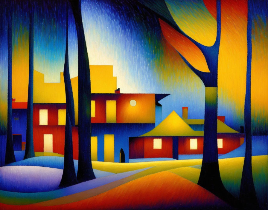 Vibrant landscape painting with bold colors, geometric shapes, and twilight village.