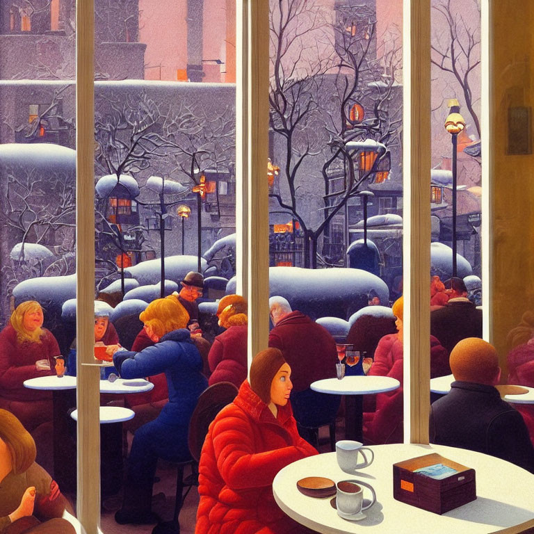 Busy cafe scene with snowy cityscape view through large windows