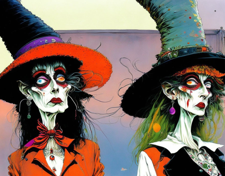 Stylized eerie witch characters with exaggerated makeup in colorful outfits