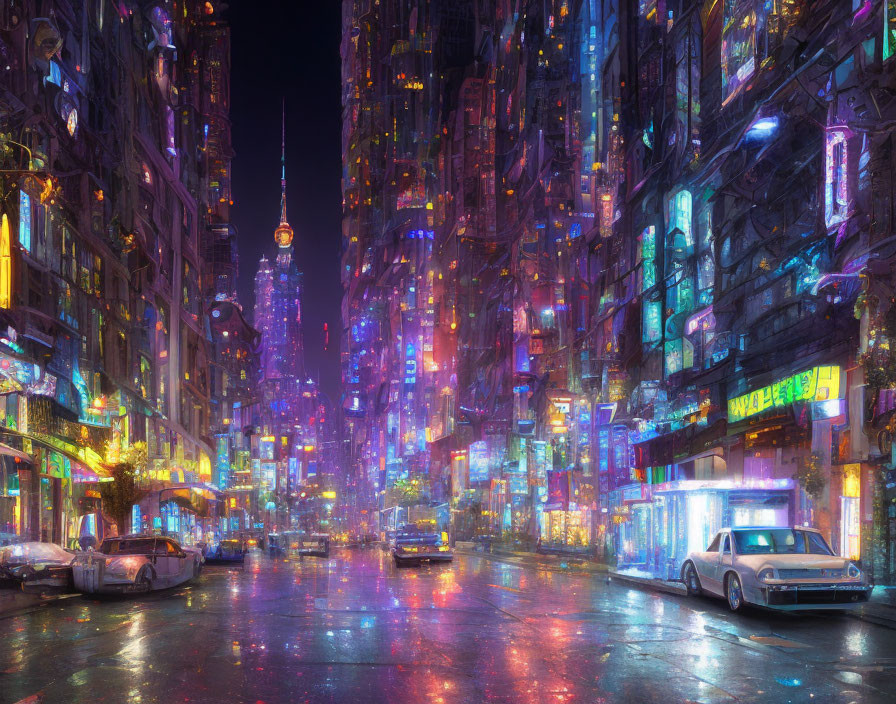 Vibrant neon-lit cyberpunk city street at night