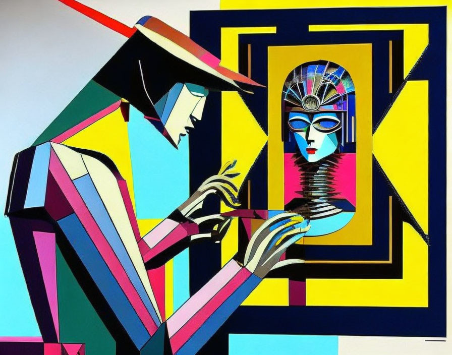 Vibrant abstract cubist painting with stylized figure and geometric background