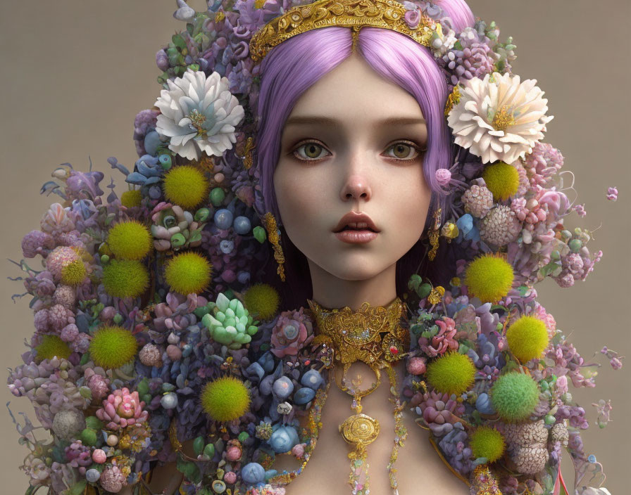 Digital artwork: Woman with purple hair, adorned with flowers and jewelry