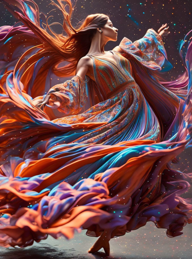 Vibrant woman in flowing dress with cosmic backdrop