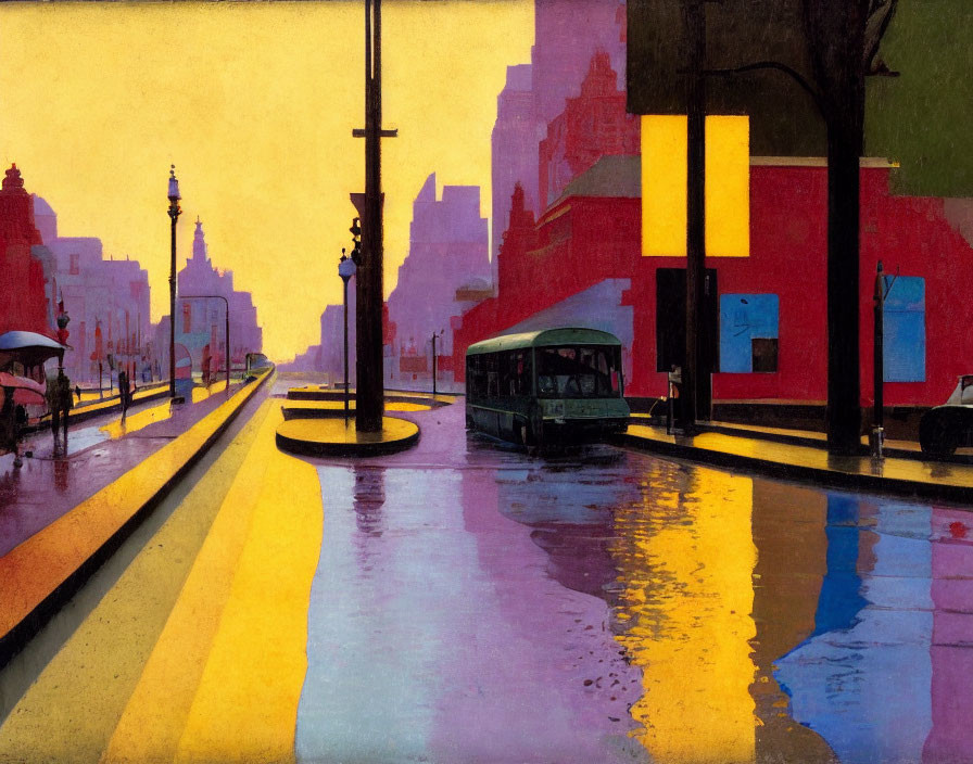 Rainy city street painting: yellow and purple hues, lone trolley bus, silhouettes.