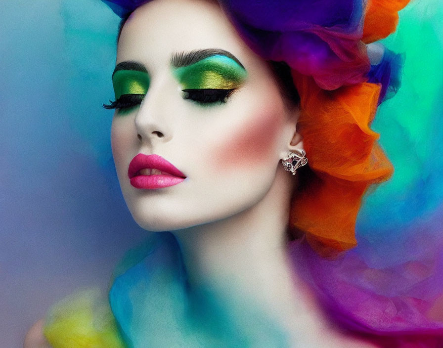 Colorful headdress and vibrant makeup on a woman