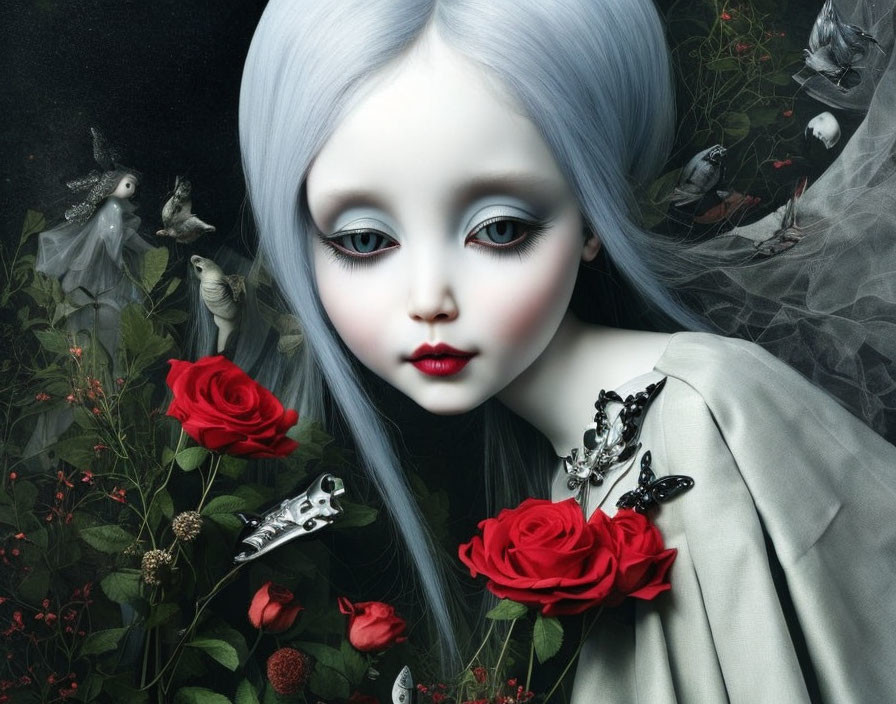 Surreal doll-like figure with blue hair among red roses and dark birds