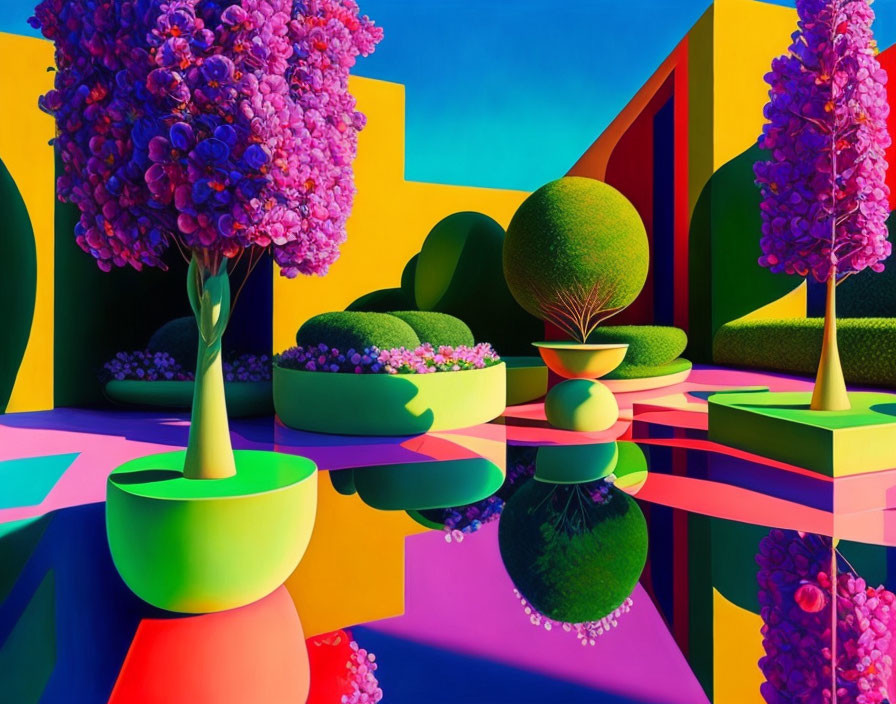 Colorful digital artwork: Stylized trees and bushes in geometric shapes and vivid colors.