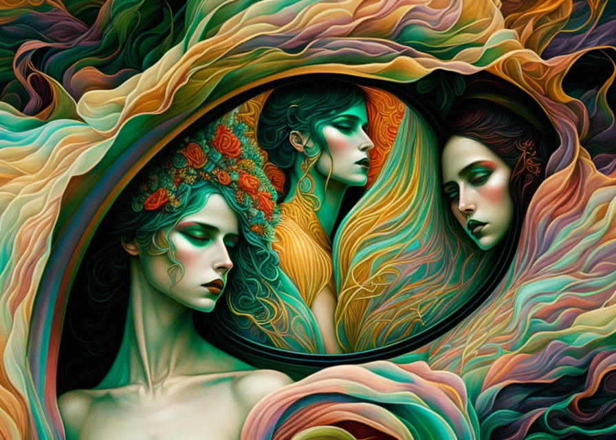 Colorful Art Nouveau-style female figures with swirling hair and abstract patterns.