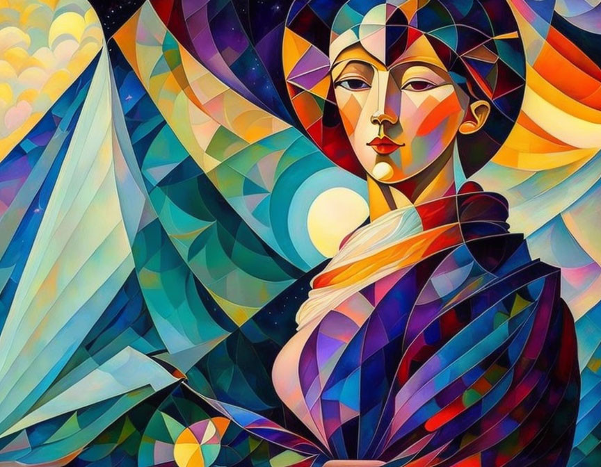 Colorful Cubist-Style Painting of Stylized Woman