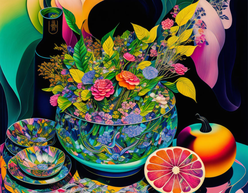 Colorful digital artwork: Floral arrangement in glass bowl with patterned dishes and fruits on dark background