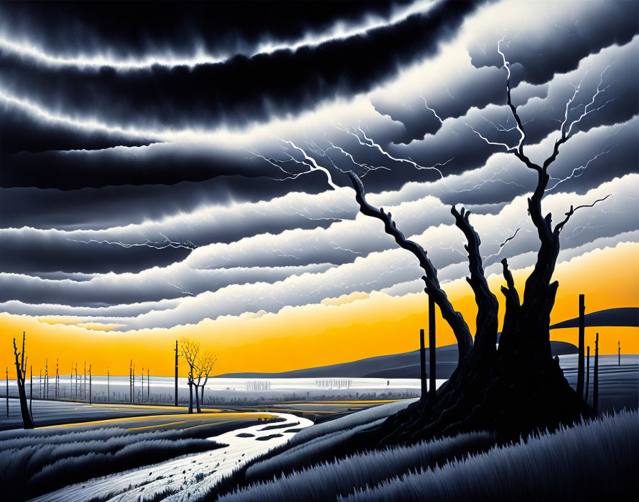 Stylized artwork of dramatic landscape with lightning strike, dark clouds, dead tree, black and yellow