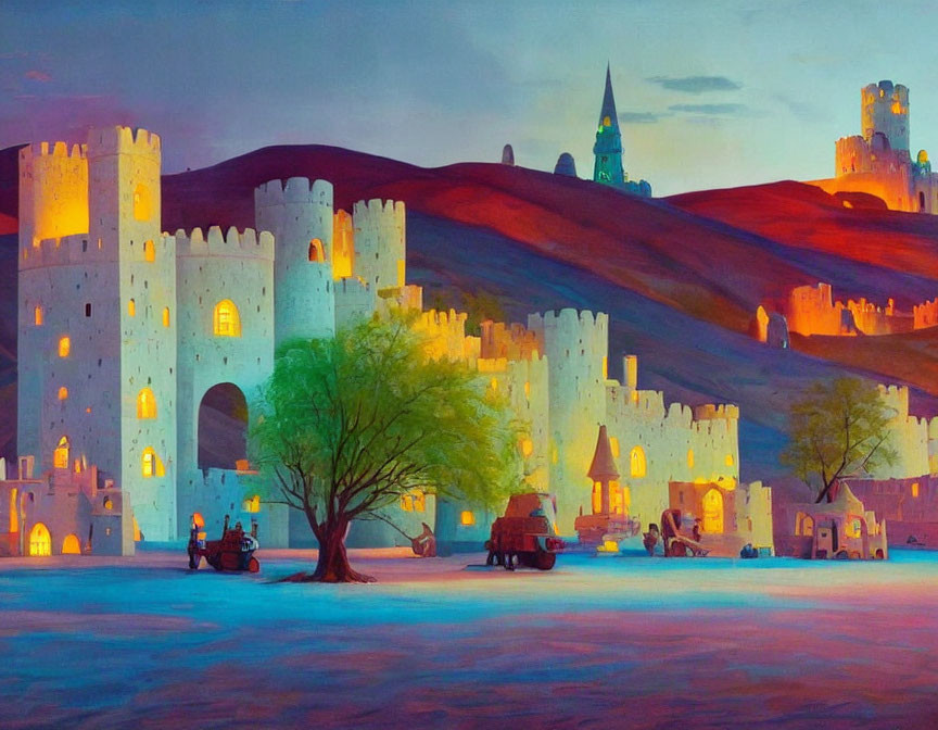 Vibrant illuminated castle scene at dusk with shadows of people and carts.