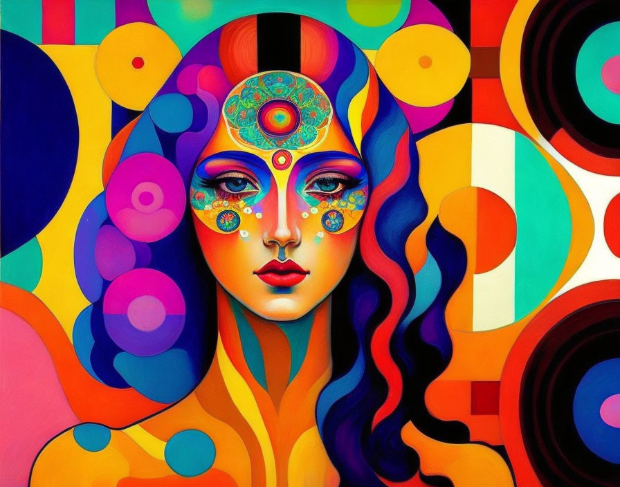 Colorful Psychedelic Portrait of Woman with Geometric Shapes