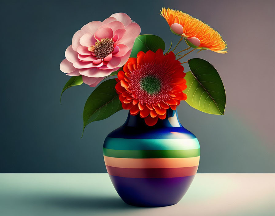 Colorful Striped Vase with Red Gerbera, Pink Peony, and Orange Protea