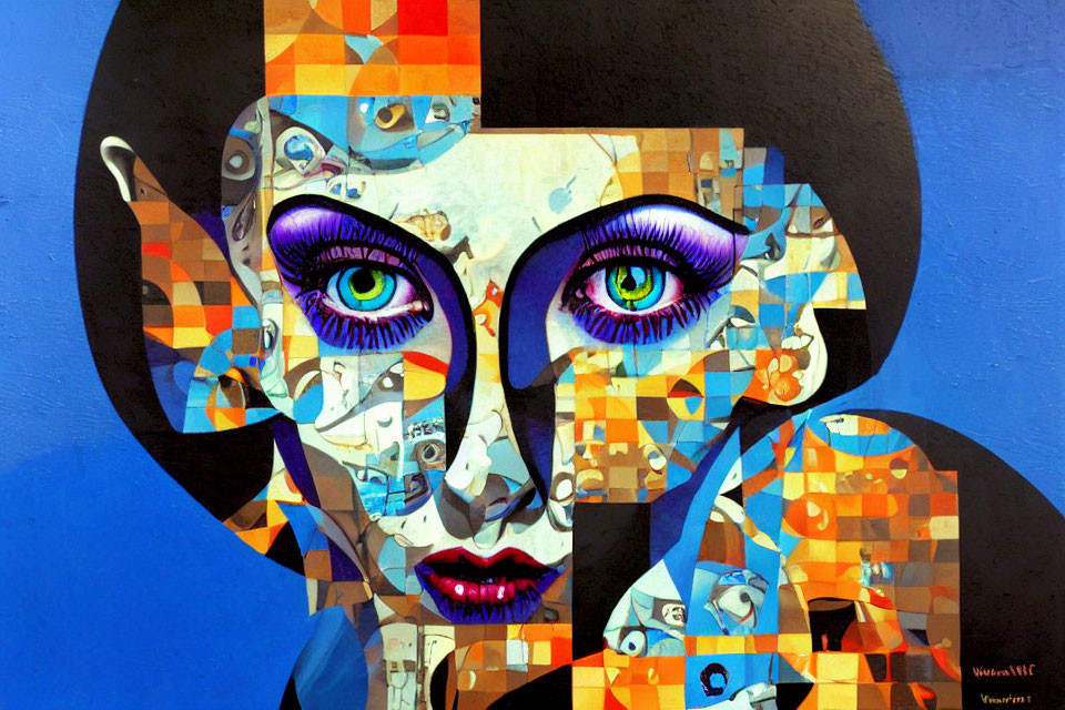 Colorful geometric street art mural of a woman with intense blue eyes