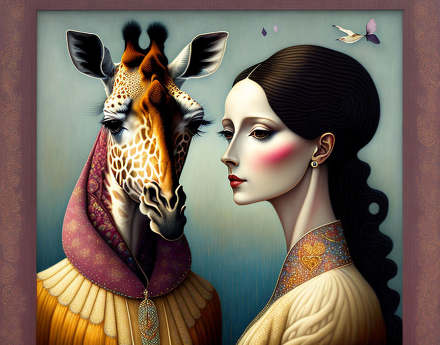 Surreal illustration of woman with giraffe's neck in elegant attire