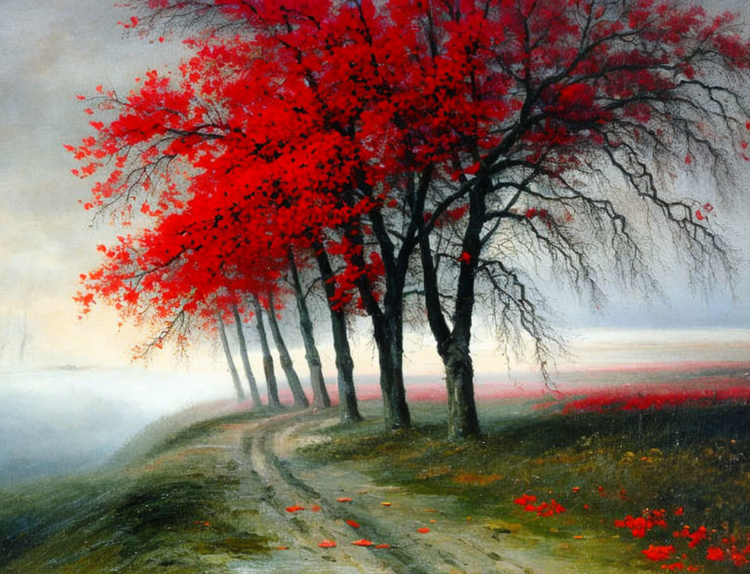 Serene Path with Red-Leafed Trees in Foggy Setting