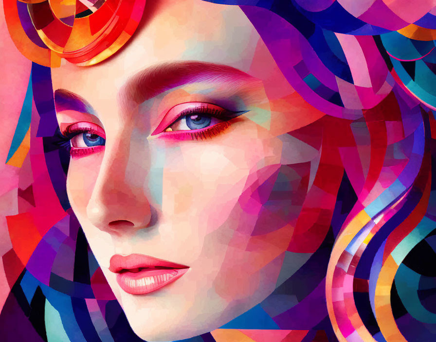 Colorful abstract digital art portrait of a woman with striking makeup