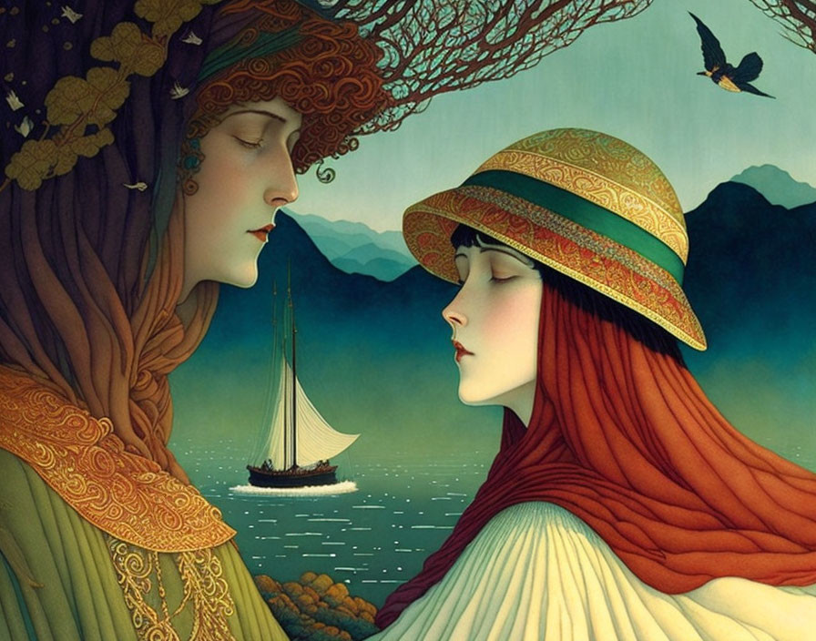 Profile view of two women with hat and shawl, nature elements, boat in background