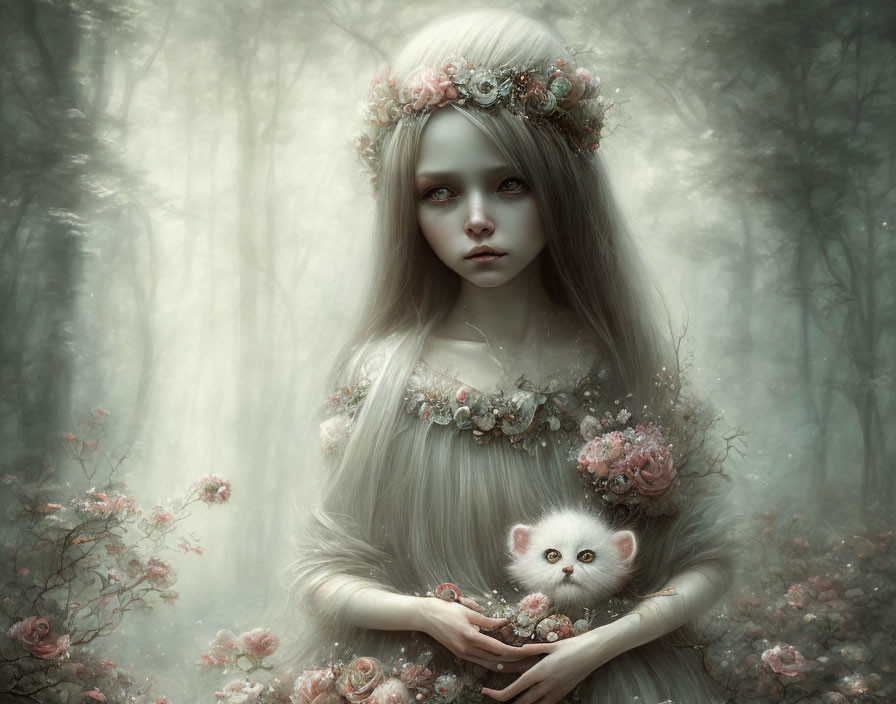 Silver-haired girl with floral crown in misty forest with white kitten