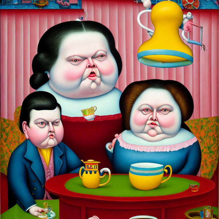 Surreal painting featuring stylized, rotund figures at a red table