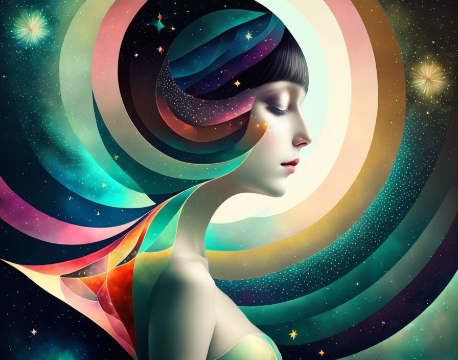 Surreal woman illustration with cosmic backdrop & colorful swirls