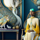 Stylized digital artwork: Woman in teal headscarf, yellow outfit, with peacock design