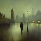 Figure Walking Near Big Ben and Houses of Parliament on Misty Road