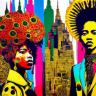 Vibrant artwork: two women with afros and cityscape motifs on colorful backgrounds