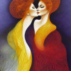 Stylized female figures embracing on textured purple background