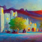 Vibrant illuminated castle scene at dusk with shadows of people and carts.