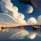 Surreal painting of ships on calm water with moonlit sky