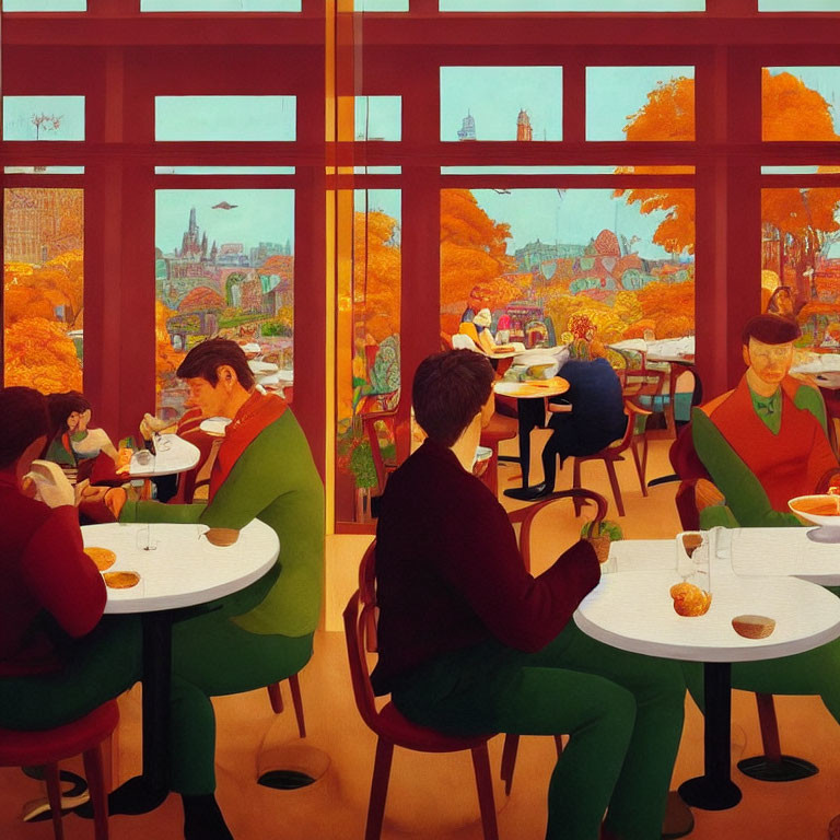 Restaurant dining scene with autumn view through large windows