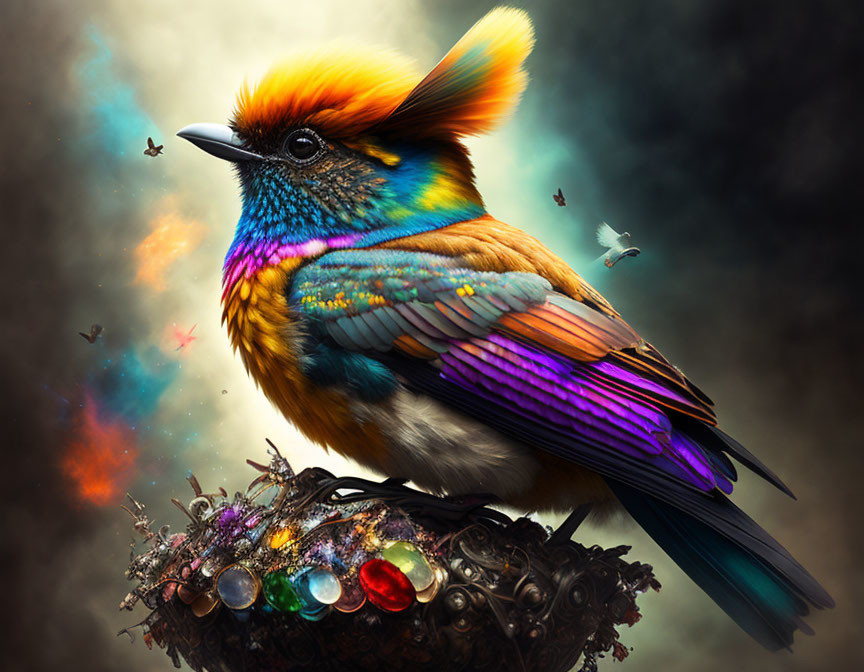 Colorful Bird Artwork: Iridescent Feathers on Jewel Nest