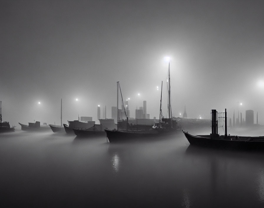 Monochrome misty scene with boats and street lamps