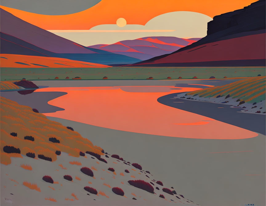 Sunset-themed stylized landscape with river and rolling hills