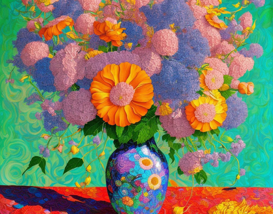 Colorful Painting of Orange and Purple Flowers in Blue Vase