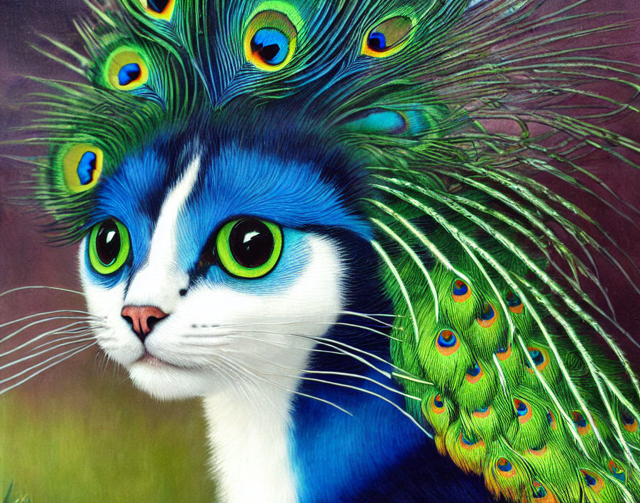 Colorful feline with peacock feathers in blue and green hues