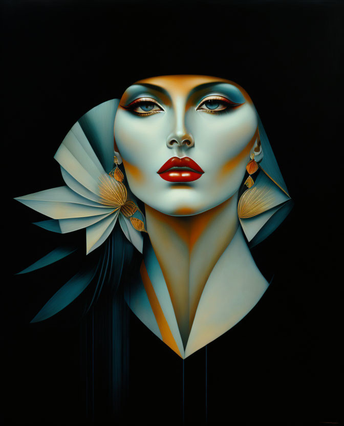 Stylized portrait of woman with striking makeup and geometric accessories