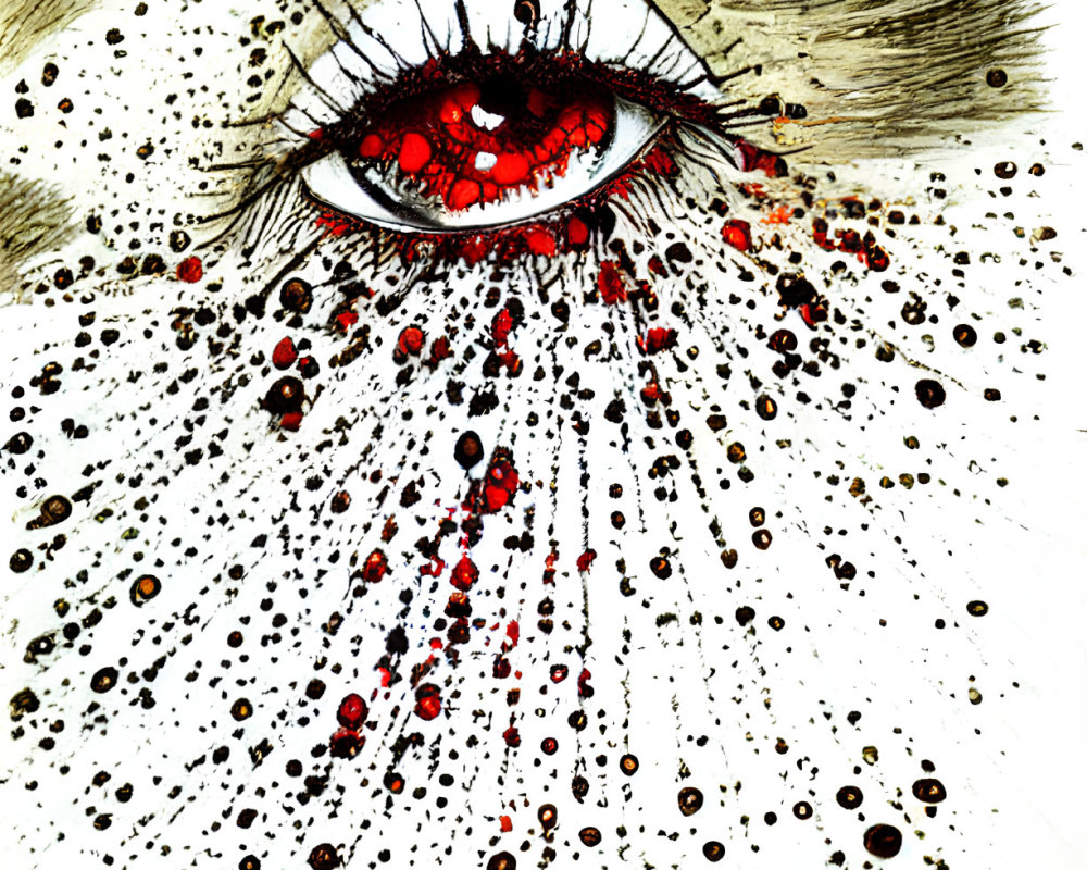 Detailed drawing of human eye with red iris amidst chaotic black and red ink splatters